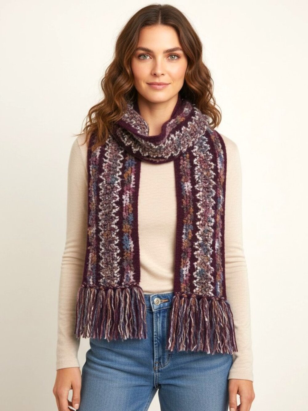 Wool Blend Purple Multi-Color Scarf with Fringe Detail